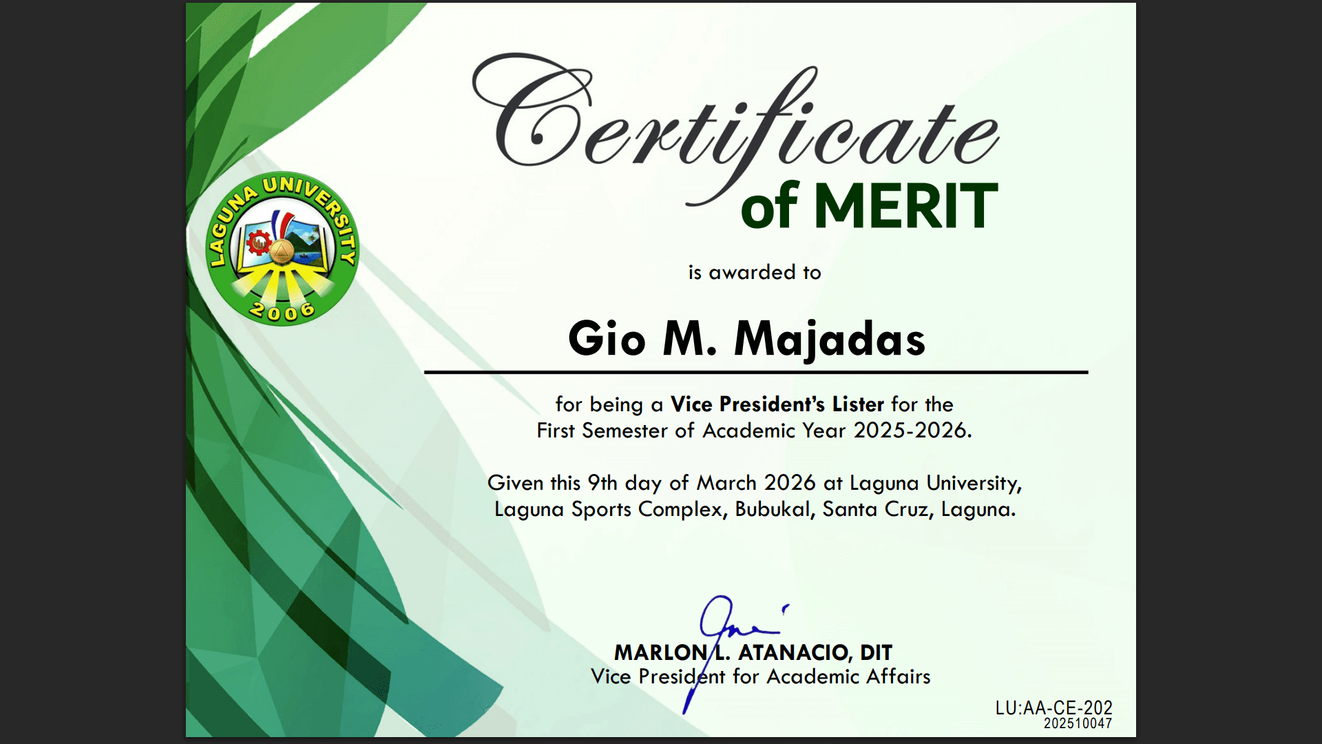 Vice President's Lister 2026 certificate